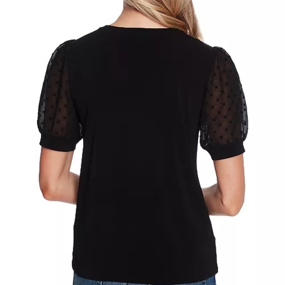 CeCe Black Short Puff Sleeve Mixed Media Knit Top Size S - Picture 2 of 9